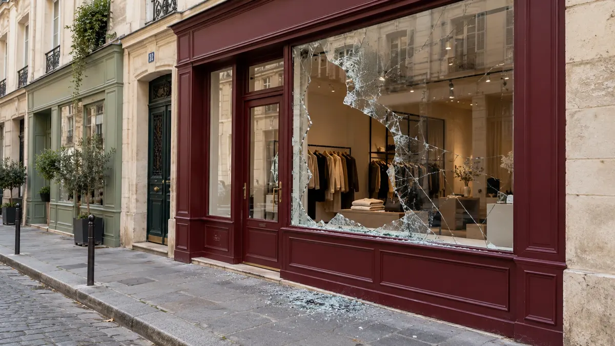 Illustration : grande baie vitrée d'une boutique parisienne brisée