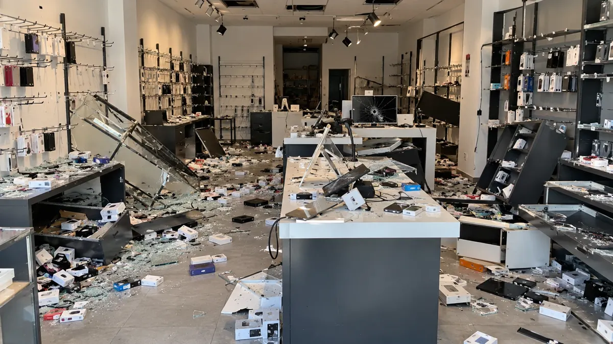 Illustration : intérieur d'une boutique saccagé, vitres brisées et marchandises au sol