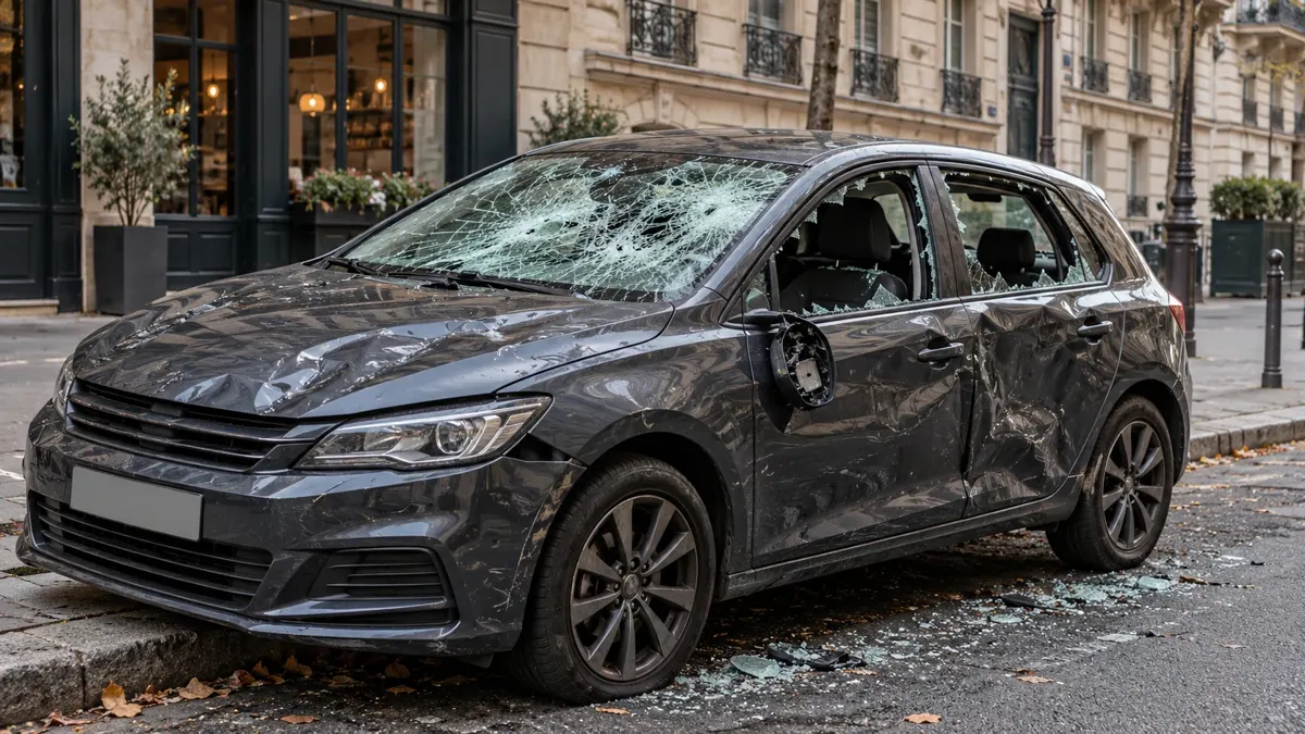Illustration : véhicule endommagé dans une rue de Paris, pare-brise et vitres brisés